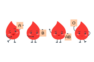 Types of blood. Happy bloods characters&2C; red drops with banners. Medic