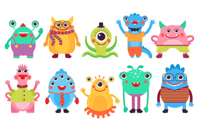 Cartoon cute monsters. Flat colorful monster, characters with eyes, ho