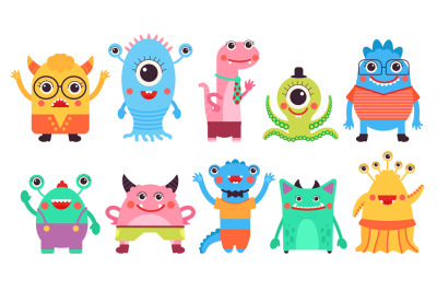 Kids monster collection. Child monster, isolated cartoon aliens charac