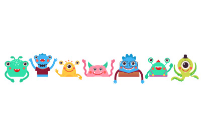 Monster banner. Funny ugly monsters&2C; cartoon cute aliens for kids. Bir