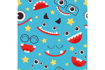 Kids monster seamless pattern. Monsters emotional faces, child fashion