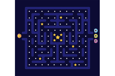 Arcade maze. Pacman background, pac man retro video computer game. Lab