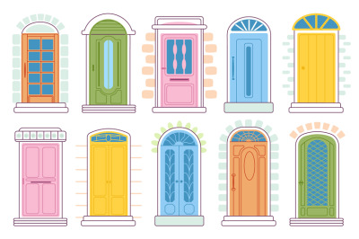 Cartoon front doors. Retro facade door, buildings front exterior. Vint