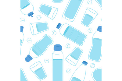 Bottles pattern. Drink more water, glass and bottle with liquid. Reusa