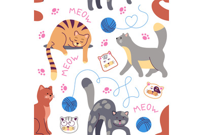 Cats seamless pattern. Baby style cat&2C; cute animal drawing. Creative c