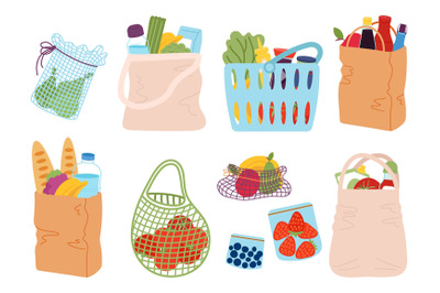 Grocery shop bag. Supermarket buying, foods in packaging. Cartoon bask