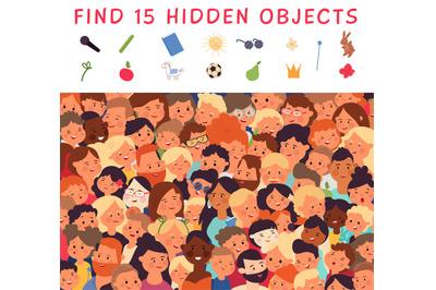 Hidden objects. Search items, find elements on picture. Kids mindful p