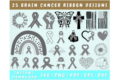 Brain Cancer Ribbon SVG Bundle, 25 Designs, Brain Cancer Clipart