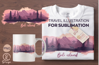 Travel illustration for sublimation.The landscape of the island of Bal