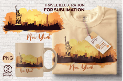 Travel illustration for sublimation. Abstract landscape of New York