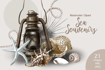 Sea Souvenirs, Seashells watercolor clipart, Gas lamp, Starfish, nauti