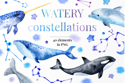 Sea creatures, constellations and watercolor decorative elements