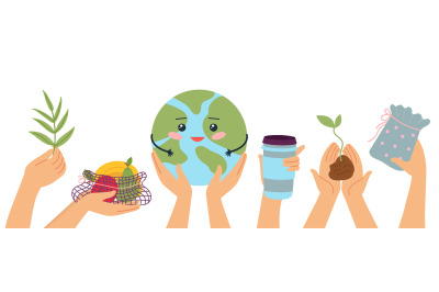 Eco banner. Safety planet&2C; environment take care. Hands holding earth&2C;