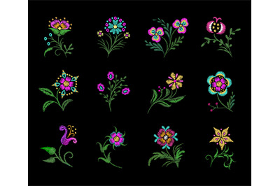 Wild embroidery flowers. Decorative floral embroidered elements. Garde