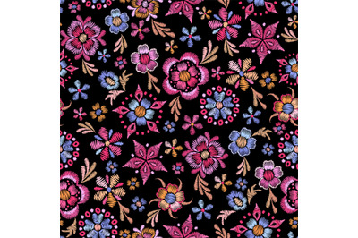 Wild abstract embroidery flowers. Embroidered florals, pink spring bou