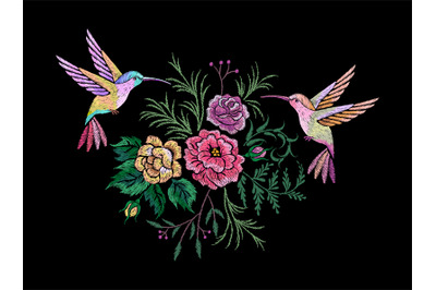 Embroidery flowers birds. Stitched ornament, tshirt embroidered print