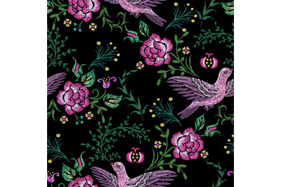 Floral birds pattern. Embroidery bird and rose or peony, victorian art