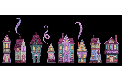 Cute houses embroidery. Fairy tale home, european vintage buildings in