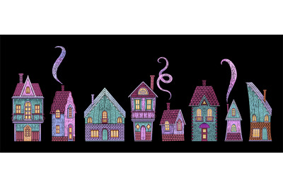 Fairy tale houses. Steampunk style buildings, retro house. Embroidery