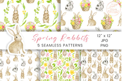 Watercolor Rabbits Digital Paper. Spring Easter Seamless Patterns