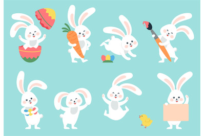 Cartoon easter bunny. Rabbit hiding&2C; bunnies with eggs and flowers. Cu