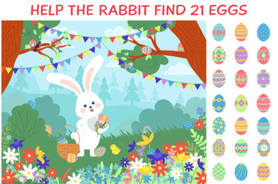 Eggs hunt. Easter puzzle game location with bunny and egg in garden or