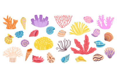 Corals. Sea coral, weeds and seashell. Ocean reef doodle elements. She