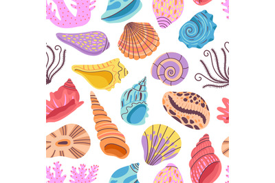 Seashell seamless pattern. Clams background, seashells print. Sea and