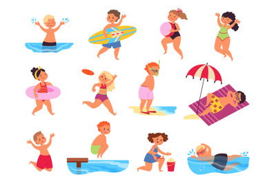 Children beach characters. Seaside kids, summer play child. Ocean holi