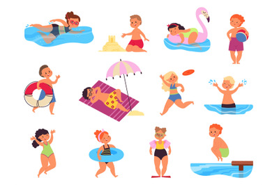 Beach kids. Child resort, summer sea activity. Cartoon children playin