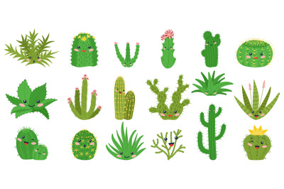 Cute cactus. Happy cacti with kawaii faces. Isolated plant patches, de