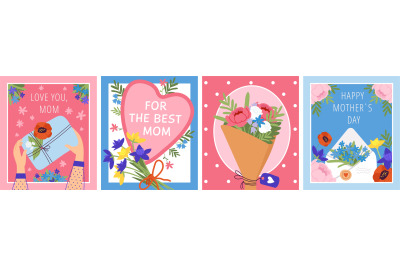 Mother day floral cards. Flower card with bouquet and hands. Happy sur