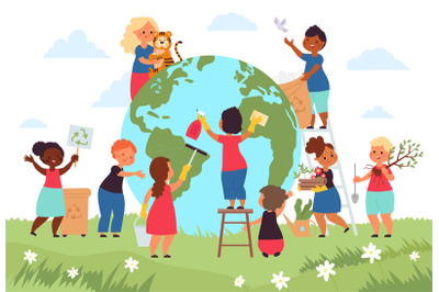 Children save planet. Globalization, globe earth environment protect.