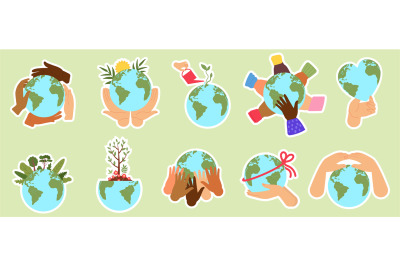 Eco stickers. People hold earth, nature climate change and ecology pro