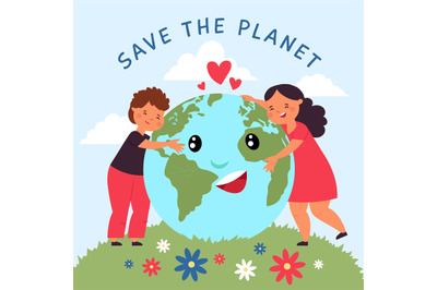 Kid hug planet. Baby hold globe together, cartoon kids with earth conc