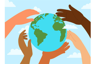 Peace day. International earth protection, hands of different people h