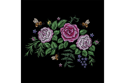 Bee and flowers embroidery. Botanical bedding silk stitch rose with fl