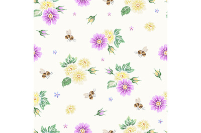 Bee seamless pattern. Embroidery daisy and bees, flying insects. Beddi