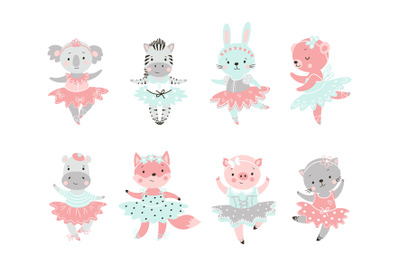 Ballet animal. Bear in tutu, baby rabbit ballerina. Cute fairy dance a