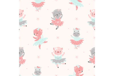 Cartoon ballerina seamless pattern. Ballet dancing cat&2C; pig and bear.