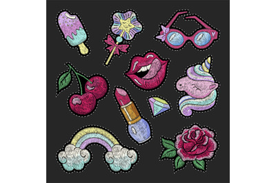 Girly patches. Fashion 80s patch, pretty unicorn, sexy lips and rose.