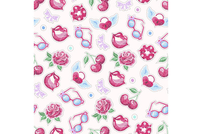 Patches seamless pattern. Stickers lips and cherry&2C; love patch. Fabric