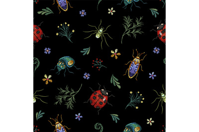 Insect pattern. Garden embroidery branch and beetle, silk stitch vinta