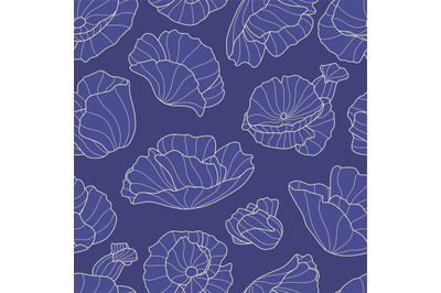 Abstract line lotos seamless pattern. Blue flowers, indigo floral plan