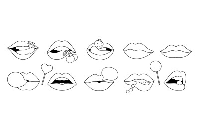 Black outline lips for coloring. Lip sexy girls with diamond, lollipop