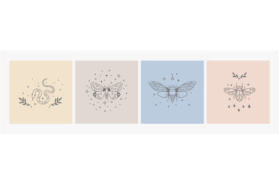 Boho logo design. Geometry line insects&2C; mystic symbols with stars. Ma