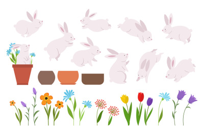 Bunnies with flowers. Cute bunny and wild flowers&2C; tulips&2C; daisy. Gard