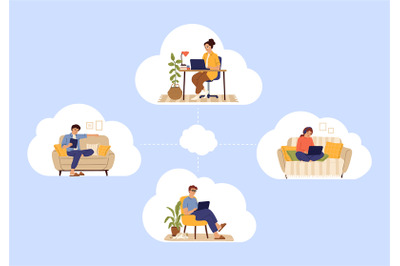 Cloud service. People working and chatting from home in internet. Web