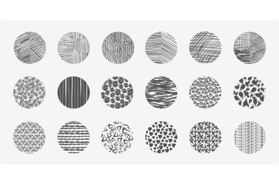 Doodle round textures. Sketch scribble pattern, scratching graphics in