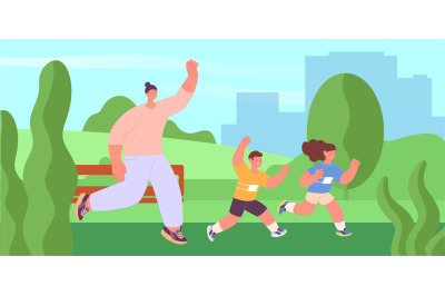 Family jogging in city park. Children and mother running outdoor, summ